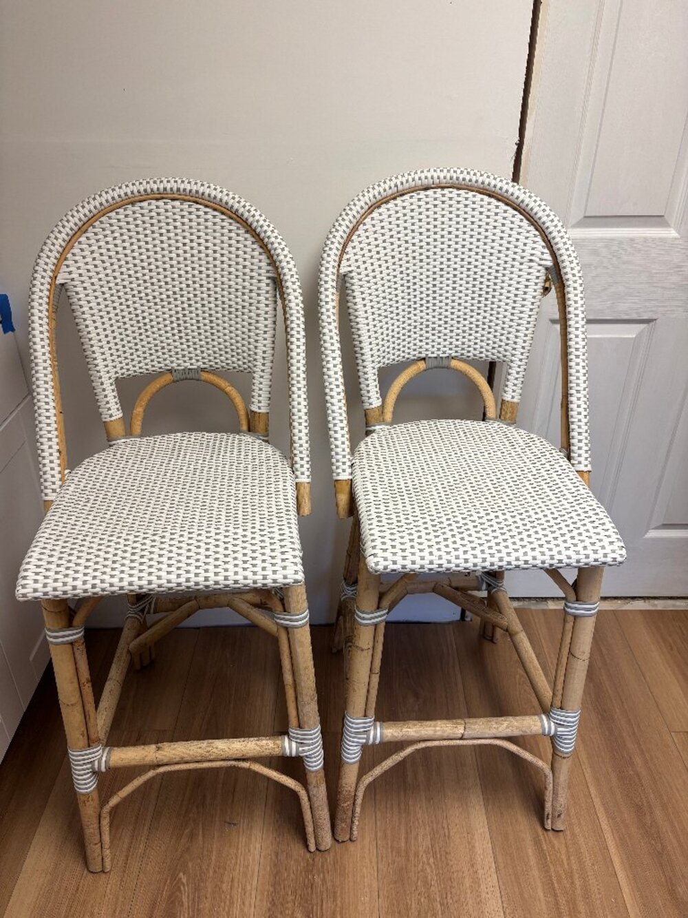 Serena & Lily Riviera Rattan Bar Stools - White & Gray Woven - Set of 2